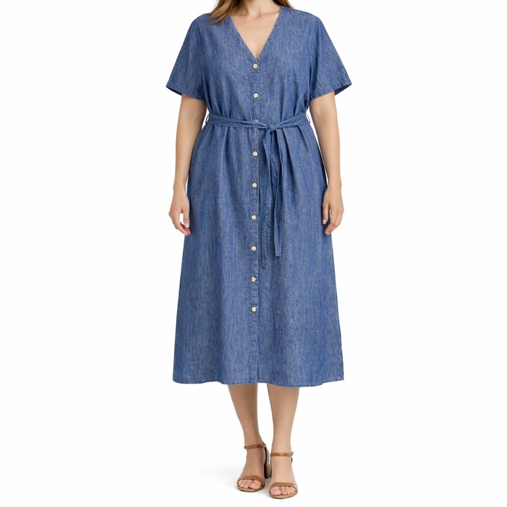 Liz Claiborne Blue Linen Cotton Midi Dress with Button down front belted Sz XL